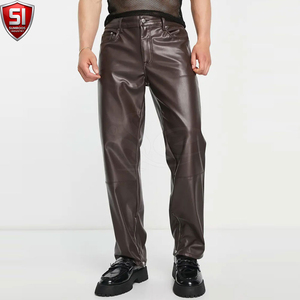 Pantalones de moto para hombre de cuero marrón, cortavientos, casuales, de corte recto, cintura alta, cierre de cremallera, bolsillos laterales, peso medio, para invierno - Product Image 1