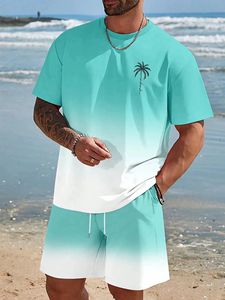 Mens 2-Piece <b>Knitted</b> Polyester/Cotton T-Shirt <b>Set</b> Slim Fit Casual Summer Crew Neck Digital Printing 220-240 Grams Fabric Weight - Product Image 3