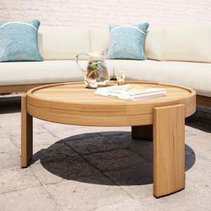 Mesa de Centro Redonda Moderna de Madera de Teca con Tablero de Listones y Base de Madera Maciza Impermeable - Product Image 2