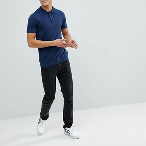 Chemise piqué bleu marine à manches courtes pour homme, coupe droite, couleur unie, décontractée, en coton tricoté, anti-rétrécissement, brodée, lavable en machine - Product Image 1