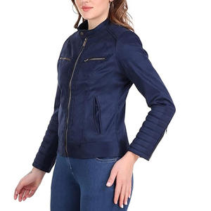 Veste de moto en cuir de vache pour femme, coupe-vent, col montant, manches longues, fermeture éclair, couleur unie, style hiver, coupe classique - Product Image 5