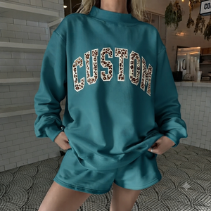 Women's Oversized Mock Neck Sweatshirt Set Teal Sequined Letter Custom <b>Back</b> Design Long Sleeve Knitted Cotton Winter Autumn Wear - Product Image 1