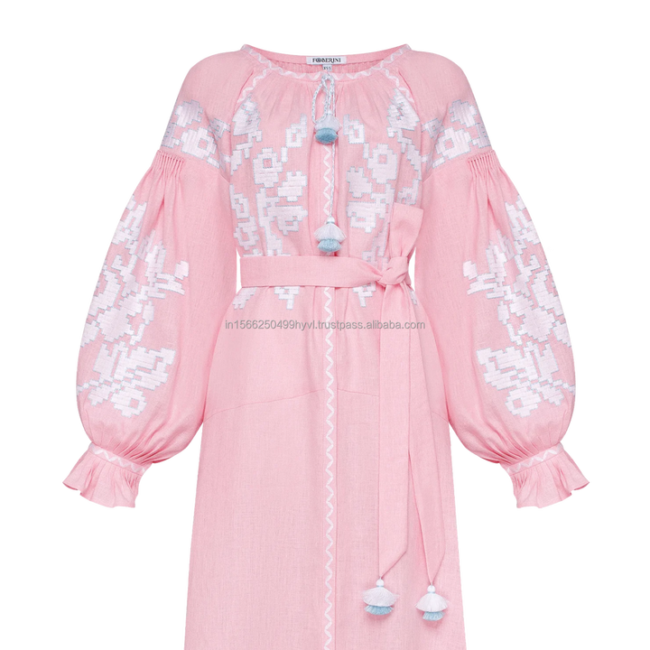 Cheap Cotton Embroidered Full Balloon Sleeves Ankle Length  Long Women Ukrainian Fashion Stylish Long Ukraine Dresses