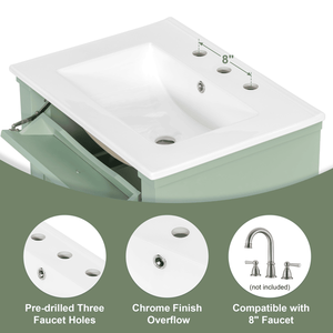 Mueble de Baño Independiente Verde de 24 Pulgadas con Lavabo, Cajón Abatible, Madera de Caucho Sólida, Estante Ajustable, Producto de Primera Calidad - Product Image 5