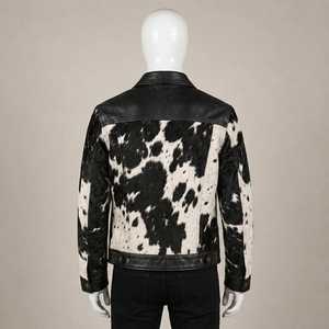 Veste de motard en cuir véritable pour homme, motif vachette, col rabattu, fermeture boutonnée, coupe classique, doublure en fausse fourrure épaisse pour l'hiver - Product Image 2