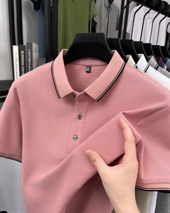Men's Pink Short Sleeve for Shirt Solid Color Cotton Pique Knitted Breathable Casual Regular Fit Button Design Front Logo - Product Image 2