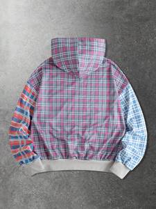 Chaqueta a cuadros con bloques de color y logotipo personalizado, sudaderas con capucha personalizadas al por mayor, top informal de felpa francesa suave de 350 GSM, moda urbana de EE. UU. - Product Image 3