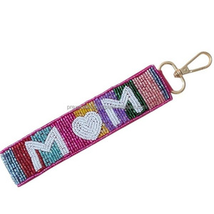 Embroidered Mom Seed Beads Keychain Wristlet Bracelet Eco-Friendly Durable Lightweight Gift Mother's Day Birthday Bag Charm Love - Product Image 1