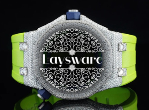 Montre analogique de luxe en acier inoxydable avec cadran en verre et bracelet vert citron orné de diamants Moissanite, style Hip Hop - Product Image 1