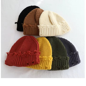 New Fashion Custom logo Short Design Blank <b>Plain</b> Knitted Distressed Hat Beanie Fisherman Beanie Hat Beanie <b>Cap</b> - Product Image 1