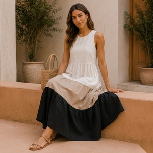 Vestido Midi sin Mangas con Cuello Redondo, de Fibra de Algodón, con Capas, Corte Holgado, Informal, para Verano, Color Sólido, Cintura Natural - Product Image 3
