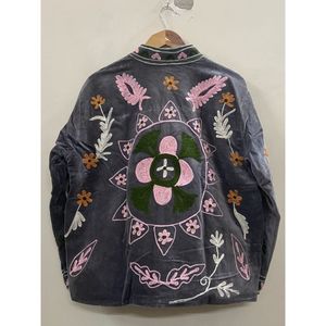 <b>Women's</b> GREY <b>Velvet</b> Jacket Mandarin Collar Floral Embroidery Prairie Chic Autumn <b>Coat</b> Handmade Suzani <b>Velvet</b> Jacket - Product Image 5