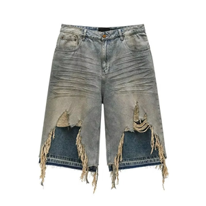 Men’s Grey Distressed Ripped Denim Shorts Frayed Hem Layered Design Loose Fit Knee Length Baggy Jean Shorts Casual Streetwear - Product Image 3