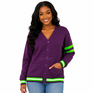 Cosh International Sisterhood Sorority <b>Purple</b> Knitted <b>Cardigan</b> V-Neck Long Sleeve Casual Top With Green White Stripes Button - Product Image 3