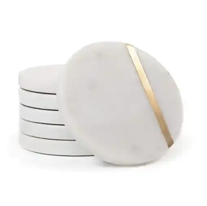 Ensemble de sous-verres en marbre blanc de luxe, sous-verres en pierre faits à la main avec bordure en laiton doré, meilleure qualité, cadeau pour la maison et la cuisine - Product Image 1