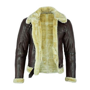 เสื้อแจ็คเก็ตนักบินหนังแท้สีน้ำตาลสำหรับผู้ชาย  บุขนแกะ  สไตล์วินเทจ  แบบคลาสสิก  บุซับในอุ่น - Product Image 1