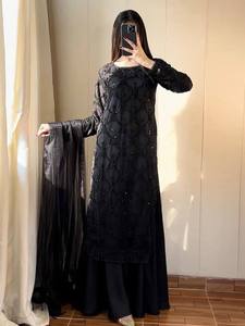 Black Embroidered Floor-Length <b>Kurta</b> Set With Net Dupatta <b>Women</b> Traditional Ethnic Indian Pakistani Party Wear Elegant Loose Fit - Product Image 3