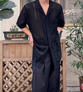 Camisa de manga corta asimétrica de encaje negro para mujer, cuello vuelto, corte holgado, estampado geométrico, primavera verano - Product Image 5