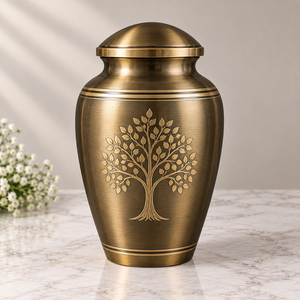 Urna Funeraria Tranquil Aviary con Aves Doradas, Ramas Botánicas, Acabado Metálico Oscuro y Tapa Decorativa - Product Image 2