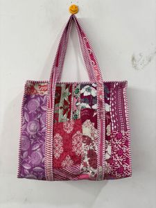 Shopping Travel For Cotton Quilted Striped Handle Tote Bag Indian Handmade Summer for Women Open <b>Shoulder</b> <b>Strap</b> Travel Use Bag - Product Image 2
