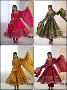 Fully Stitched Ready Wear 100% Pure <b>Silk</b> <b>Fabric</b> Anarkali Gown & Salwar Kameez Stole with Huge Flair Pattern for Wedding & Party - Product Image 5