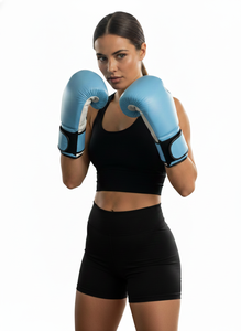 นวมชกมวยหนังแท้สีฟ้าอ่อนและสีขาว ขนาด 14 ออนซ์ แบบผูกเชือก ระบายอากาศได้ดี-อุปกรณ์สำหรับการฝึกซ้อมและการต่อสู้ระดับมืออาชีพ - Product Image 4