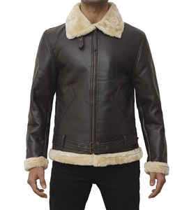 Blouson aviateur en cuir véritable marron pour homme, col rabattu, fermeture éclair, doublure en fausse fourrure, style motard hiver - Product Image 3