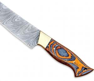 Couteau à trancher artisanal en acier Damas, manche en bois stratifié multicolore, bolster en laiton - Product Image 3