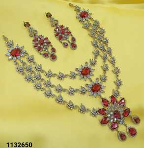 Elegant Floral American Diamond Bridal Jewelry Set Yellow Crystal 3 Layer <b>Necklace</b> and <b>Statement</b> Earrings in Mehndi Finish - Product Image 6
