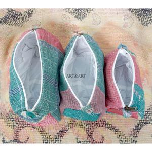 Indian kantha hand block print cotton cosmetic bag Makeup <b>pouch</b> set of three Accessory case Women's travel bag Handmade Kantha - Product Image 5