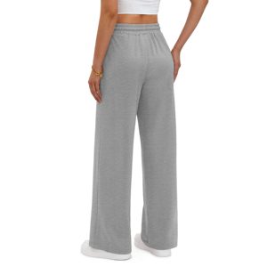 Pantalon cargo gris en molleton à jambe large pour femme, taille haute élastique, fermeture éclair, coupe droite, longueur intégrale, couleur unie, décontracté, pour le travail - Product Image 4