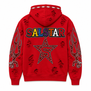 Sweat-shirt à capuche zippé pour homme, personnalisé, avec graphisme en strass rouges, style streetwear, broderie premium, mode hip-hop - Product Image 2