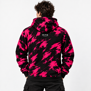 Sweat-shirt à capuche pour homme RITS, noir et rose, imprimé abstrait, coupe classique, décontracté, avec poche avant et cordons de serrage blancs - Product Image 3