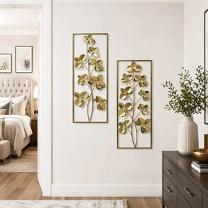 Arte de Pared de Metal Dorado, Juego de 2 Piezas, Marco Rectangular, Escultura de Hoja de Orquídea Martillada, Decoración Moderna y Glamurosa para el Hogar - Product Image 5