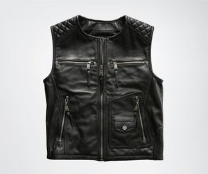 <b>Men's</b> <b>Black</b> Genuine Leather Breathable Quick Dry High Street Moto <b>Vest</b> V-neck Solid Color Outerwear Regular Length - Product Image 2