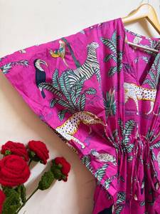 Women's Pink Floral Print Cotton Maxi <b>Kaftan</b> Dress | V-neck Batwing Sleeve Eco-Friendly Breathable Safari <b>Beach</b> Cover-Up Boho - Product Image 5
