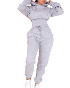 Women Gray Hooded Sweatshirt <b>Jogger</b> Set Full Sleeve Solid Color Casual Tracksuit with Drawstring Waist and Side Pockets - Product Image 1