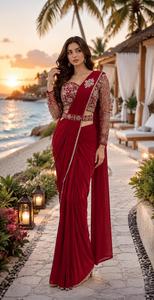 <b>Red</b> Embroidered Silk <b>Saree</b> With Blouse For Women Traditional Wedding Wear Floor-Length Regular Fit India Pakistan Style - Product Image 1