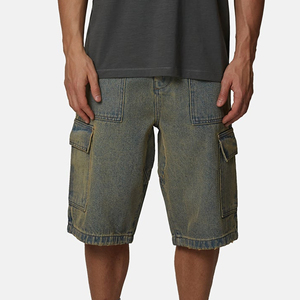Men's Washed Denim Cargo Shorts Mid Waist <b>Elastic</b> Closure Casual Bermuda Style With Pockets Solid Color Canvas Material - Product Image 2