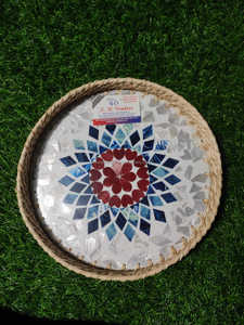 Ensemble de plateau en rotin rond incrusté de nacre de luxe abordable, fabriqué à la main, idéal pour le service élégant, la décoration intérieure et les cadeaux de fête - Product Image 6