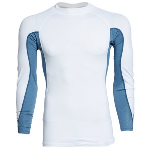 เสื้อกีฬาผู้ชายสีขาว-น้ำเงิน แขนยาว คอกลม ทรงพอดีตัว ผลิตจากโพลีเอสเตอร์ ซับเหงื่อได้ดี - Product Image 1