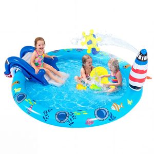 Piscina Gonfiabile a Tema Vita Marina con Scivolo a Forma di Squalo e Spruzzatore a Faro per Divertimento Estivo in Acqua - Product Image 4