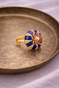 Luxury Gold Plated Blue Enamel Floral Adjustable Ring for Women Stone Studded <b>Designer</b> Party Jewelry - Product Image 4
