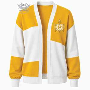 Suéter Cárdigan de Punto para Mujer Philo, Invierno, Amarillo y Blanco, con Bloques de Color, Logotipo Bordado en la Parte Delantera, Casual, Manga Larga - Product Image 1