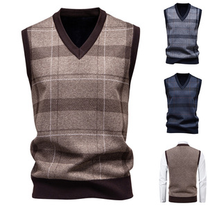 Chaleco de punto sin mangas a cuadros para hombre, suéter con cuello en V para otoño, ropa de negocios, chaleco de punto de poliéster con forro polar para hombre - Product Image 1