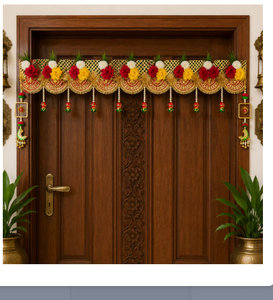 Traditional Indian Door Toran with Red Yellow Flowers and Tassels for Diwali Entryway Decor - Product Image 6
