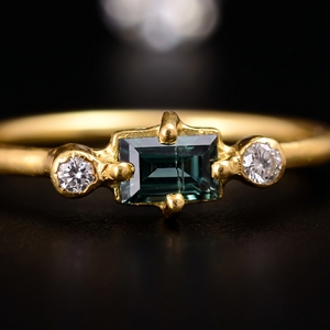 925 Sterling Silver Gold Plated <b>Green</b> Tourmaline Bezel Set <b>Ring</b> Diamond Accent Minimalist Handmade Fine Jewelry Wedding Gift - Product Image 3