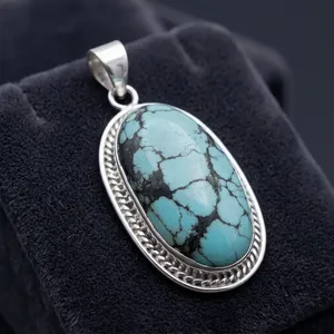 925 Sterling Silver Tibetan Turquoise Pendant Natural Gemstone Oval Cabochon Handmade Vintage Jewelry Wholesale Fashion Pendants - Product Image 4