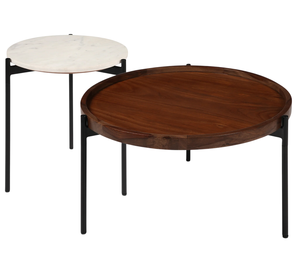 Table basse de salon pliable en bois d'acacia massif avec finition noyer, plateau rond en marbre blanc et base en métal, durable - Product Image 1