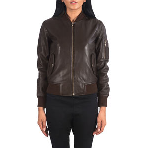 Blouson aviateur en cuir véritable marron pour femme, uni, automne-hiver, logo, fermeture éclair sur le devant, imperméable, écologique, qualité supérieure, OEM ODM - Product Image 2